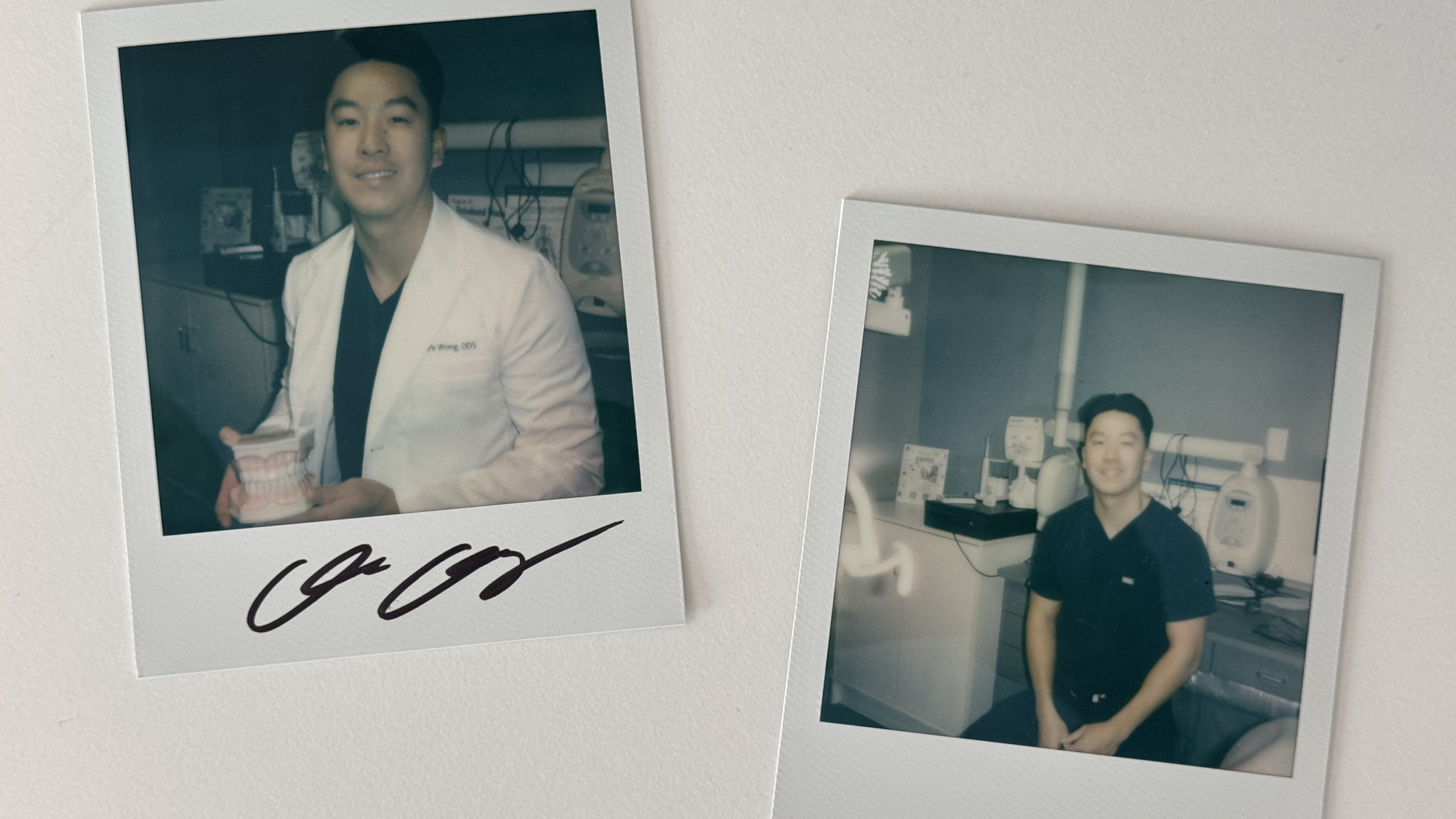 Polaroid photos of Dr. Christopher Wong in his dental practice