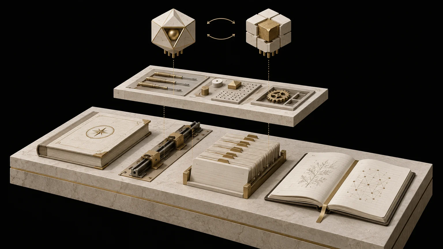 An interchangeable AI module and tool platform sit above a durable foundation of business rules, scripts, records, and a playbook.