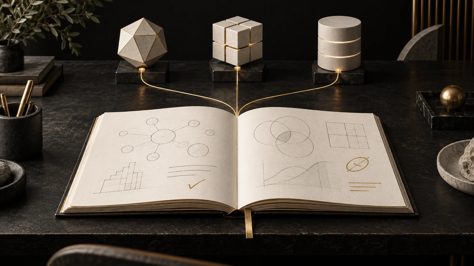 Different AI modules connect to the same central notebook, representing business lessons that persist when the model changes.