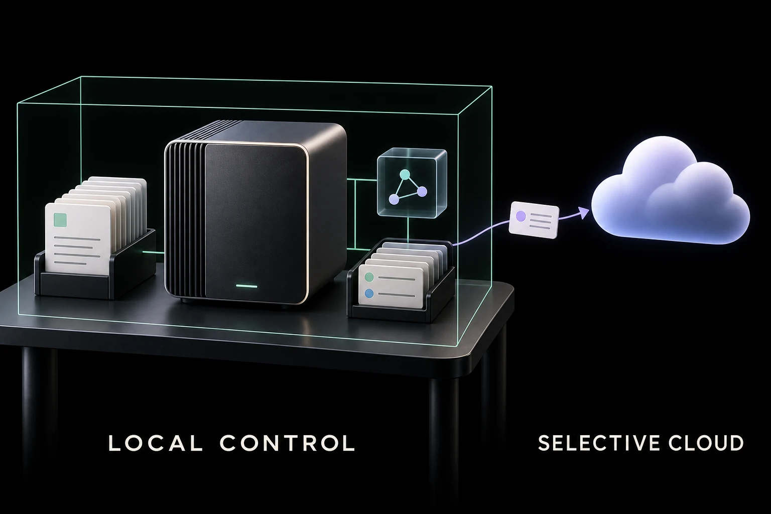 Private documents, a saved model and recurring work stay within a local AI workspace, while a reviewed summary can be sent selectively to the cloud.