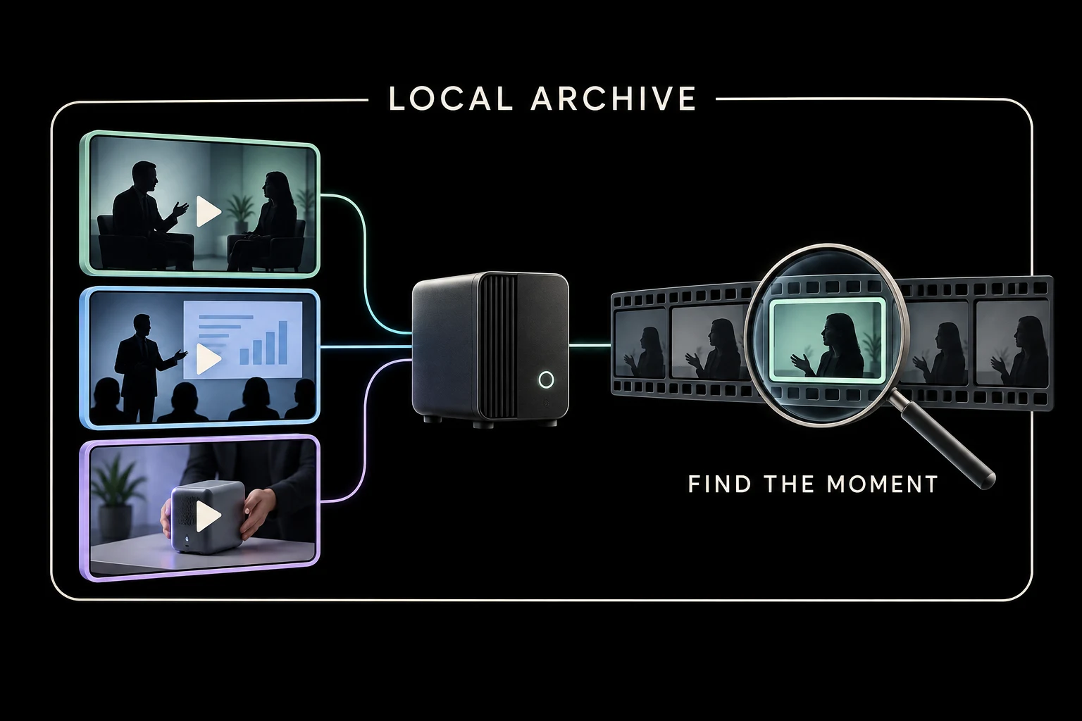 Video cards feed a local archive search system that highlights a matching moment on a filmstrip.