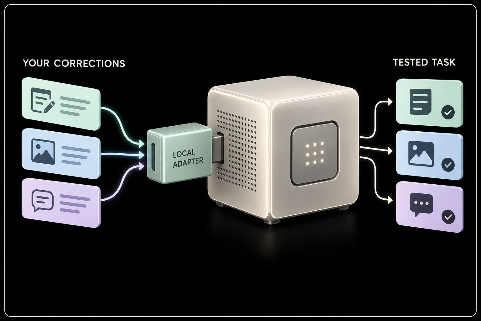 Correction examples feed an adapter module attached to a model, followed by reviewed task outputs.