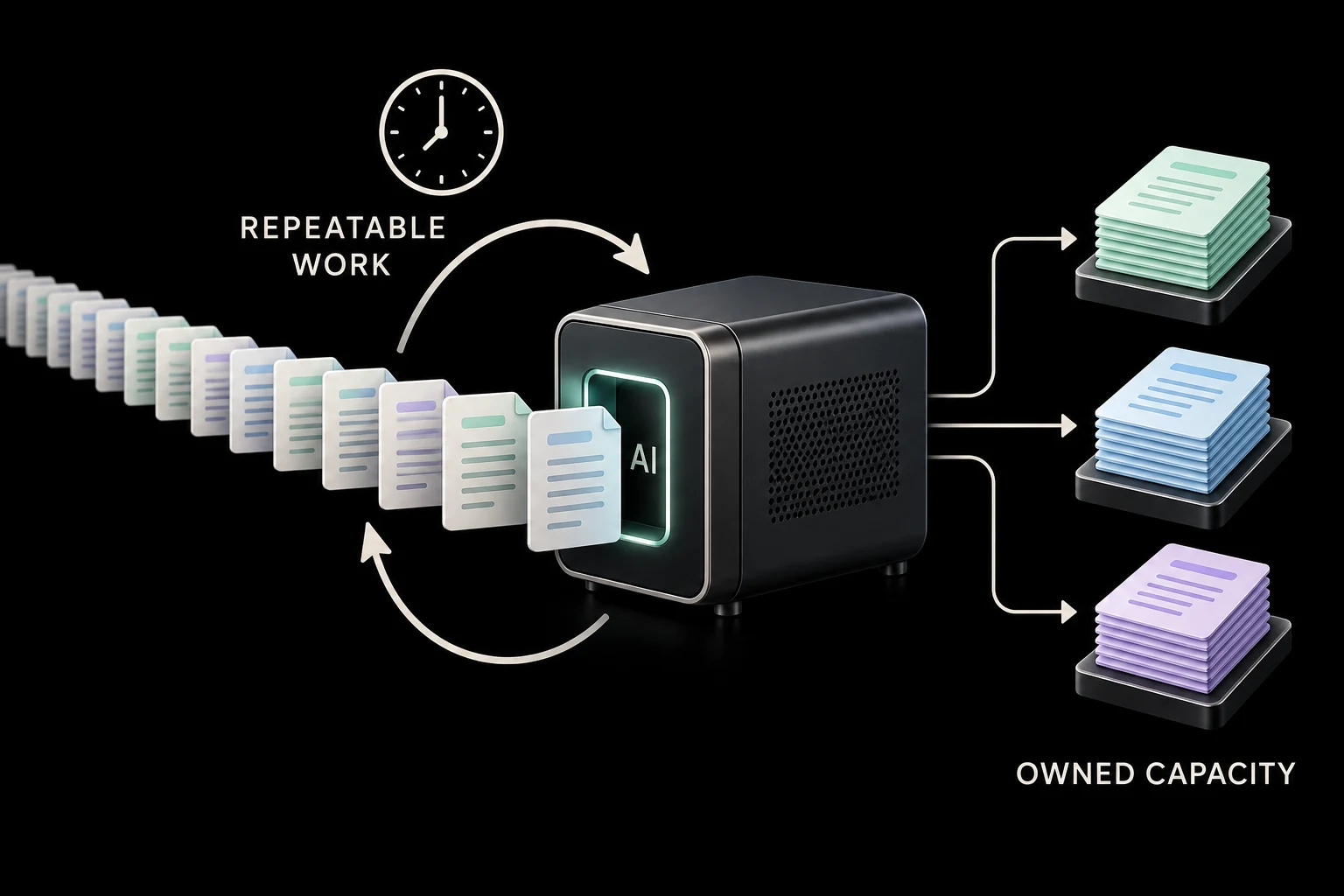 A finite document queue passes through local AI and becomes organized output stacks, with a clock and repeat arrows.