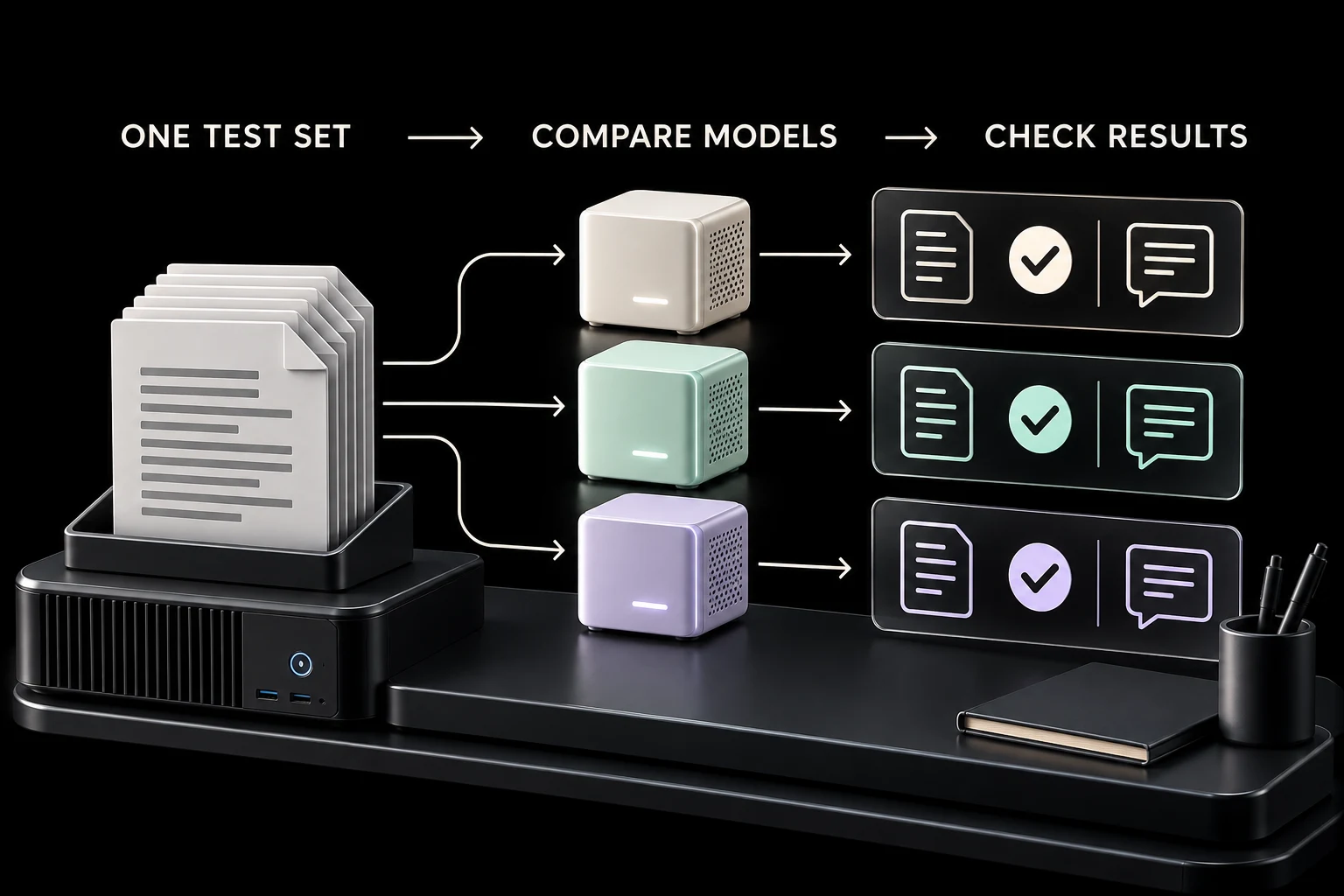 One test set branches into three model configurations and three result-review panels.