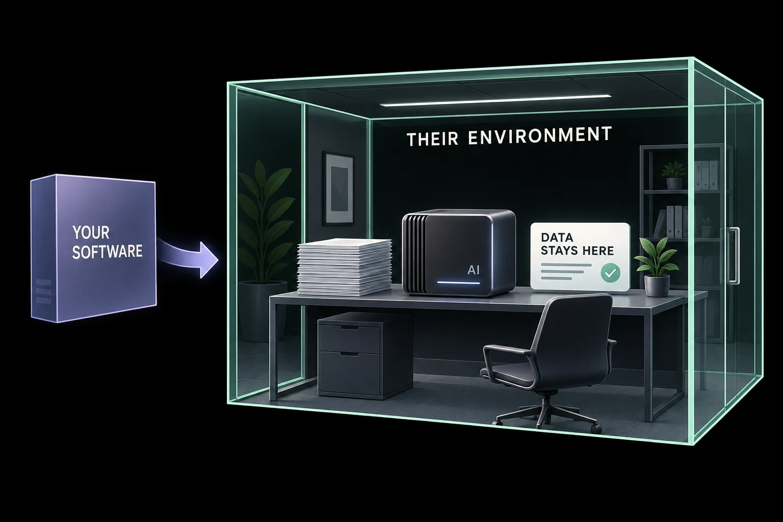 A software package enters a customer office while documents and AI processing stay within that office.